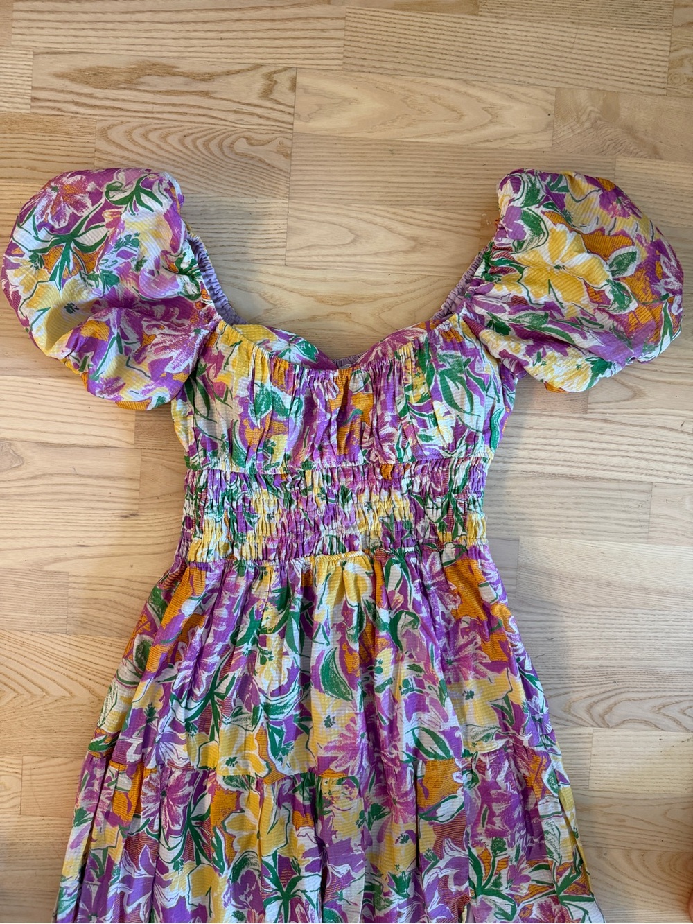 Astr Florentina Floral Puff-Sleeve Midi Dress in Pink, Orange, Yellow and Green - Picture 10 of 14